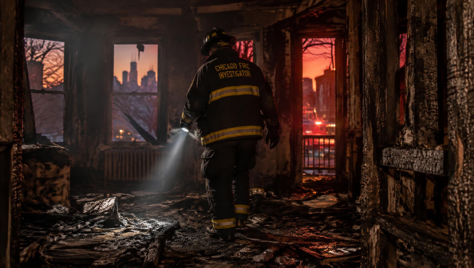 Fire investigator examining a burned Chicago building